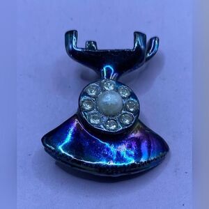 Blue Iridescent Brooch Pin Faux Pearl Rhinestone Telephone Enamel 1 Inch Vintage